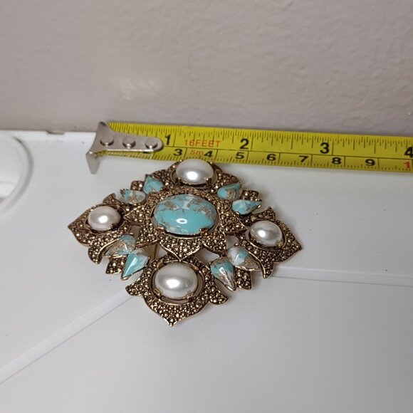 Pretty Blue And Gold Tone Diamond Shaped Sarah Coventry Large Brooch - Picture 6 of 13